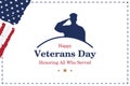 Happy Veterans Day. Greeting card with USA flag and silhouette of a soldier on the background. National American holiday event. Royalty Free Stock Photo