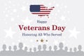 Happy Veterans Day. Greeting card with USA flag and soldier on background. National American holiday event. Flat illustrati Royalty Free Stock Photo