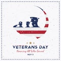 Happy Veterans Day. Greeting card with USA flag and soldier on background. National American holiday event. Flat vector illustrati Royalty Free Stock Photo