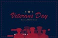 Happy Veterans Day. Greeting card with USA flag and soldiers on blue background. National American holiday event. Flat vector Royalty Free Stock Photo