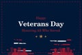 Happy Veterans Day. Greeting card with USA flag and soldiers on blue background. National American holiday event. Flat vector Royalty Free Stock Photo