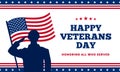 Happy veterans day honoring all who served poster background template design. Soldier military salutation silhouette with usa