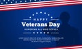 Happy veterans day honoring all who served poster background template design. Soldier military salutation silhouette with usa Royalty Free Stock Photo