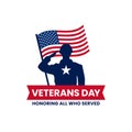 Happy veterans day honoring all who served retro vintage logo badge celebration poster background vector design. Soldier military Royalty Free Stock Photo