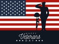 Happy veterans day lettering in poster with officer military and helmet in rifle