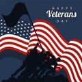 Happy veterans day lettering in poster with soldier lifting flag in pole silhouettes Royalty Free Stock Photo
