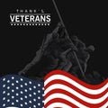 Happy veterans day lettering in poster with soldier lifting flag in pole Royalty Free Stock Photo