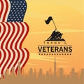 Happy veterans day lettering in poster with soldier lifting flag in pole Royalty Free Stock Photo