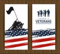 Happy veterans day lettering in poster with soldier lifting flag in pole Royalty Free Stock Photo