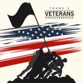 Happy veterans day lettering in poster with soldier lifting flag in pole Royalty Free Stock Photo