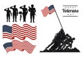 Happy veterans day lettering in poster with soldiers with flag icons Royalty Free Stock Photo