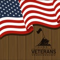 Happy veterans day lettering in poster with soldiers and flag wooden background Royalty Free Stock Photo