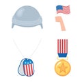 Happy veterans day, medal hand with flag and helmet icons, US military armed forces soldier