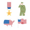 Happy veterans day, medal soldier map and american flag icons