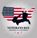 Happy veterans day, silhouette soldier on map with american flag Royalty Free Stock Photo