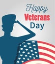 Happy veterans day, soldier saluting american flag card