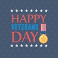 Happy veterans day, US military armed forces soldier, inscription medal flag emblem