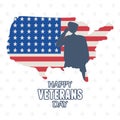 Happy veterans day, US military armed forces soldier silhouette on american map with flag Royalty Free Stock Photo