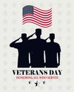 Happy veterans day, waving US flag and soldiers saluting card