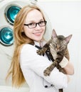Happy veterinarian hugs cat