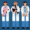 Set of happy vet girls with a variety of pets. Vector illustration of animal care. Flat style Female veterinarians