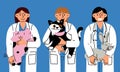 Happy veterinarians with a happy variety of pets in their arms. Vector illustration of animal care. Flat style