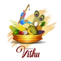 Happy Vishu greetings. April 14 Kerala festival with Vishu Kani, vishu flower Fruits and vegetables in a bronze vessel. vector Royalty Free Stock Photo