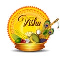 Happy Vishu greetings. April 14 Kerala festival with Vishu Kani, vishu flower Fruits and vegetables in a bronze vessel. vector