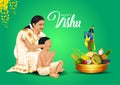 Happy Vishu greetings. April 14 Kerala festival with Vishu Kani, vishu flower Fruits and vegetables in a bronze vessel. vector