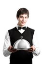 Happy waiter with cloche lid cover