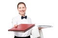 Happy waitress giving a folder menu on a white background