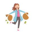 Happy Wealthy Girl with Money Bags, Lucky Successful Rich Woman Millionaire Vector Illustration