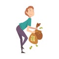 Happy Wealthy Guy with Bags Full of Money, Lucky Successful Rich Person Millionaire Vector Illustration