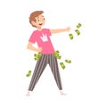 Happy Wealthy Man Throwing Money, Lucky Successful Rich Person Vector Illustration