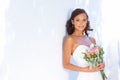 Happy, wedding and bouquet with portrait of bride at venue for love, celebration and engagement. Ceremony, reception and Royalty Free Stock Photo