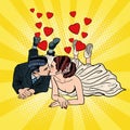 Happy Wedding Couple Kissing. Pop Art Bride and Groom