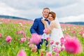 Happy wedding couple in pink poppy field. Beautiful bride in white dress and groom kissing and having fun in flower Royalty Free Stock Photo