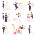 Happy wedding couple set, bride and groom celebrating marriage, dancing, hugging, cutting cake vector Illustration on a Royalty Free Stock Photo