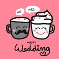 Happy wedding cute couple coffee cup cartoon illustration Royalty Free Stock Photo