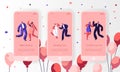 Happy Wedding Dancing Character Mobile App Page Onboard Screen Set. Fun Married Couple Celebrate Holiday Event