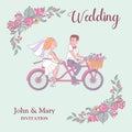 Happy weddings. Vector illustration. The bride and groom ride a