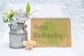 Happy Wednesday on design notebook cover with smiling elephant clay doll and flower pot
