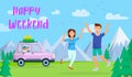 Happy Weekend Horizontal Banner. Traveling Family