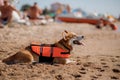 Happy Welsh Corgi Pembroke dog in a life jacket at the beach Royalty Free Stock Photo