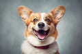 A happy welsh Corgi pembroke dog photo on a grey neutral background