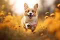 A happy welsh Corgi pembroke dog running with lot of flowers