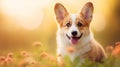 Happy Welsh Corgi puppy runs through the autumn grass and foliage in the park at sunset