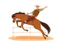 Happy Western American cowboy in hat riding horse. Texas man on horseback. Wild West rider of bronco. Smiling joyful
