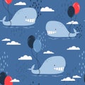 Happy whales with air balloons, colorful seamless pattern. Decorative cute background
