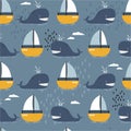 Happy whales and boats, colorful seamless pattern. Decorative cute background with fishes